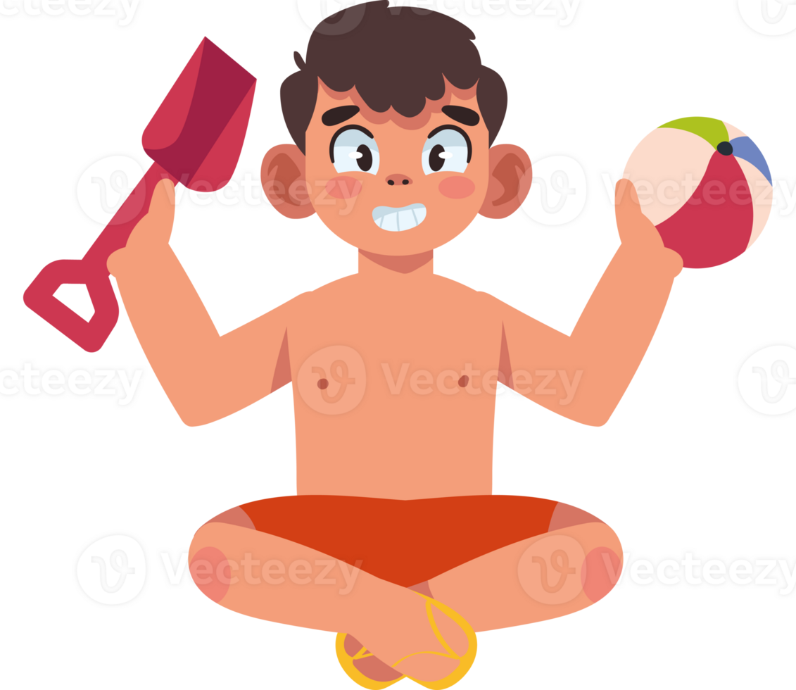 A cartoon boy sitting on the beach holding a ball and a beach ball png