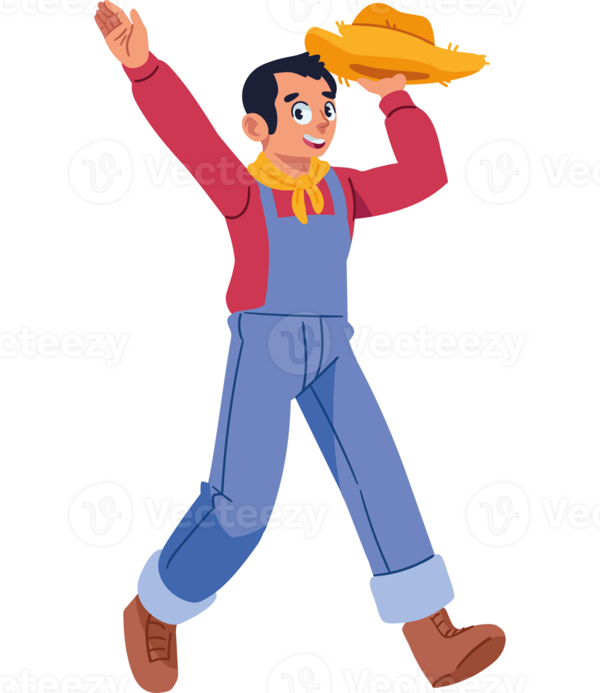A cartoon man in overalls and hat is holding a hat png