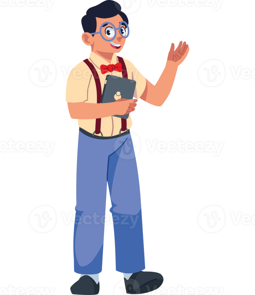 Cartoon man with glasses and bow tie holding a tablet png