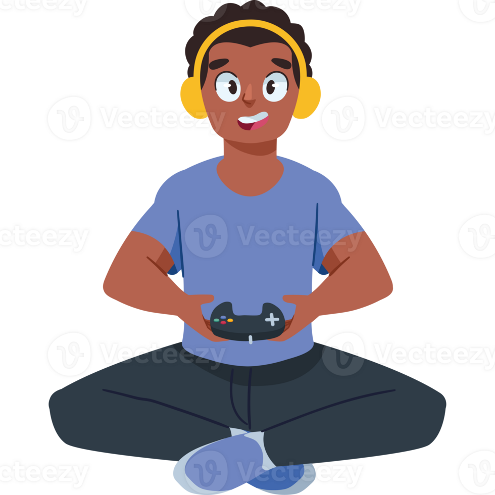 A man with headphones and a controller sitting in the middle of the floor png