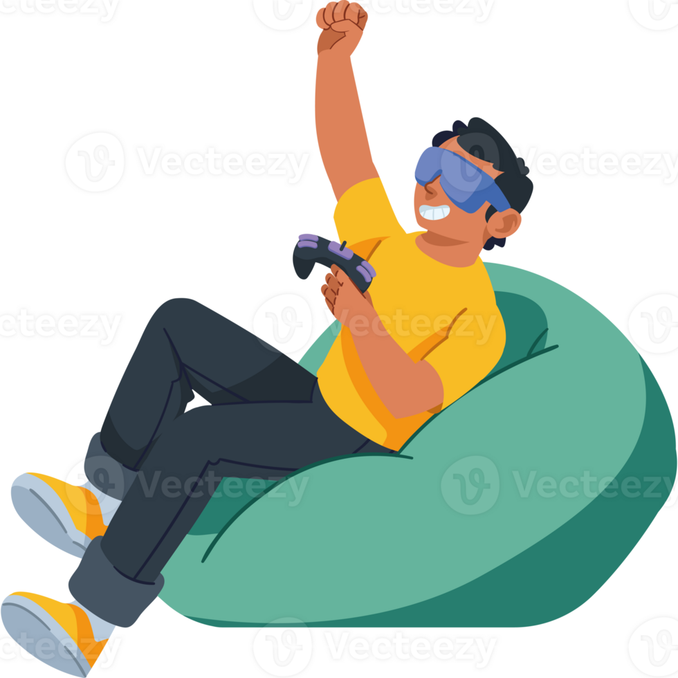 A man sitting on a bean bag with a controller in his hand png