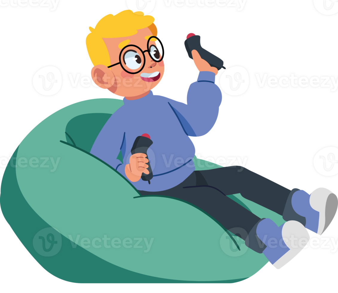 A cartoon boy sitting on a bean bag chair with a game controller png