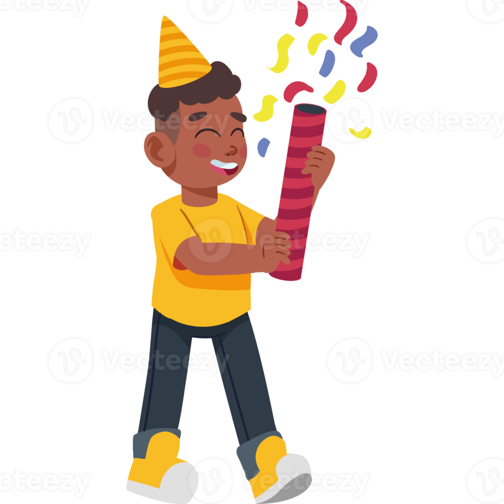 A boy in a party hat holding a birthday party streamer png