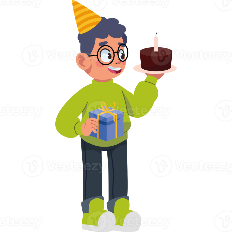 Boy with birthday cake and gift png