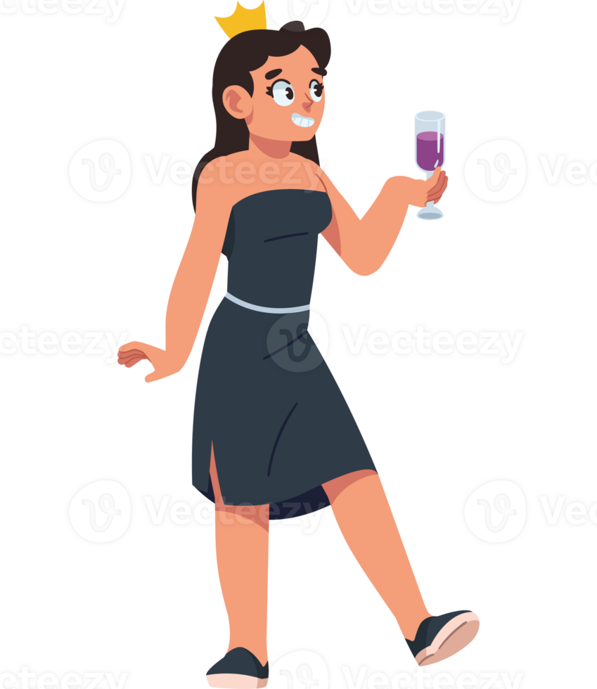 A cartoon woman in a dress holding a glass of wine png