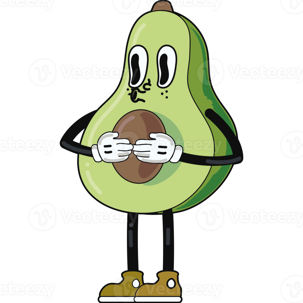 An avocado with arms and legs holding a piece of fruit png