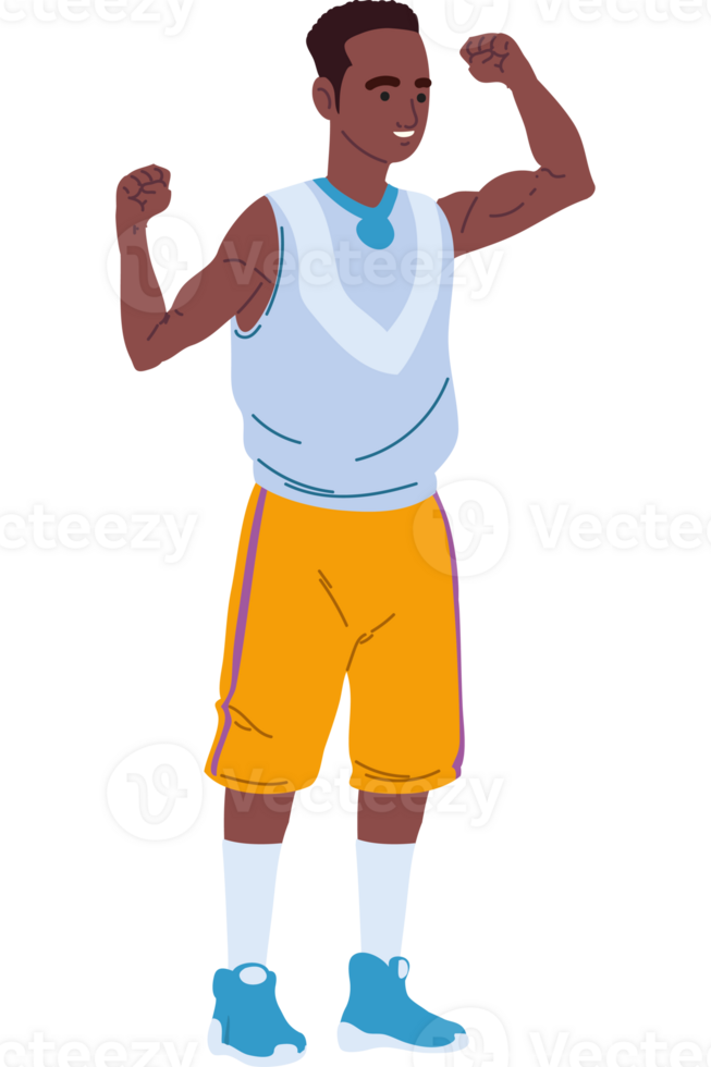A cartoon man with a basketball jersey and shorts png