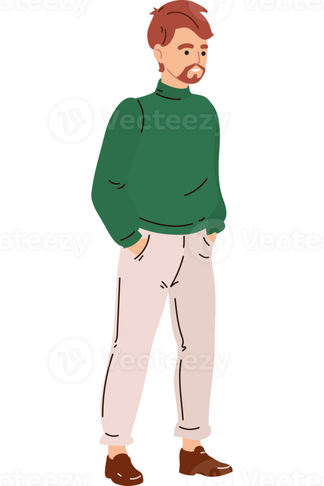 A cartoon man in a green sweater and white pants png