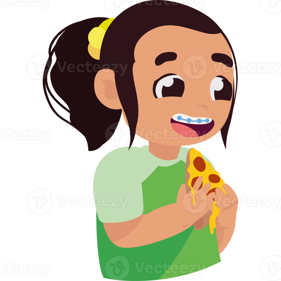 A cartoon girl eating pizza with braces png