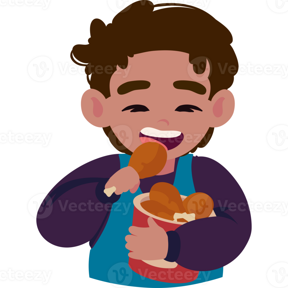 A cartoon boy eating chicken in a bucket png
