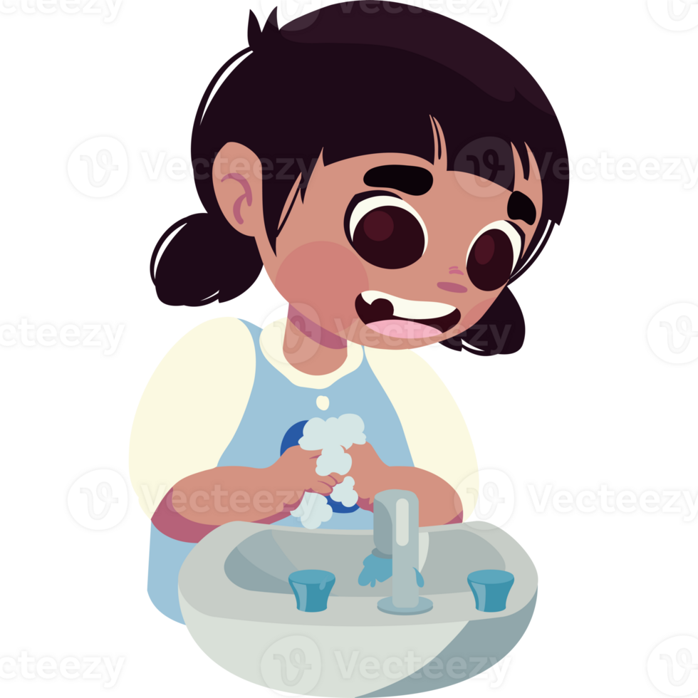 A cartoon girl washing her hands in the sink png