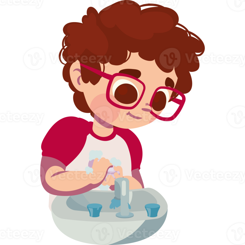 A cartoon boy with glasses is washing his hands png