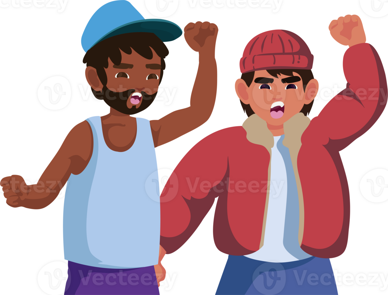 Two men in red jackets and blue caps are holding up their fists png