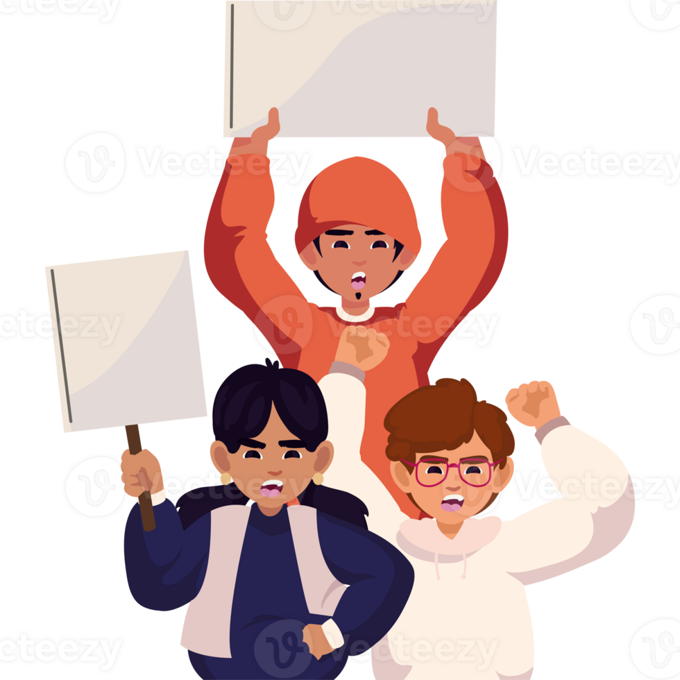 Three people holding up signs and one is holding a sign png