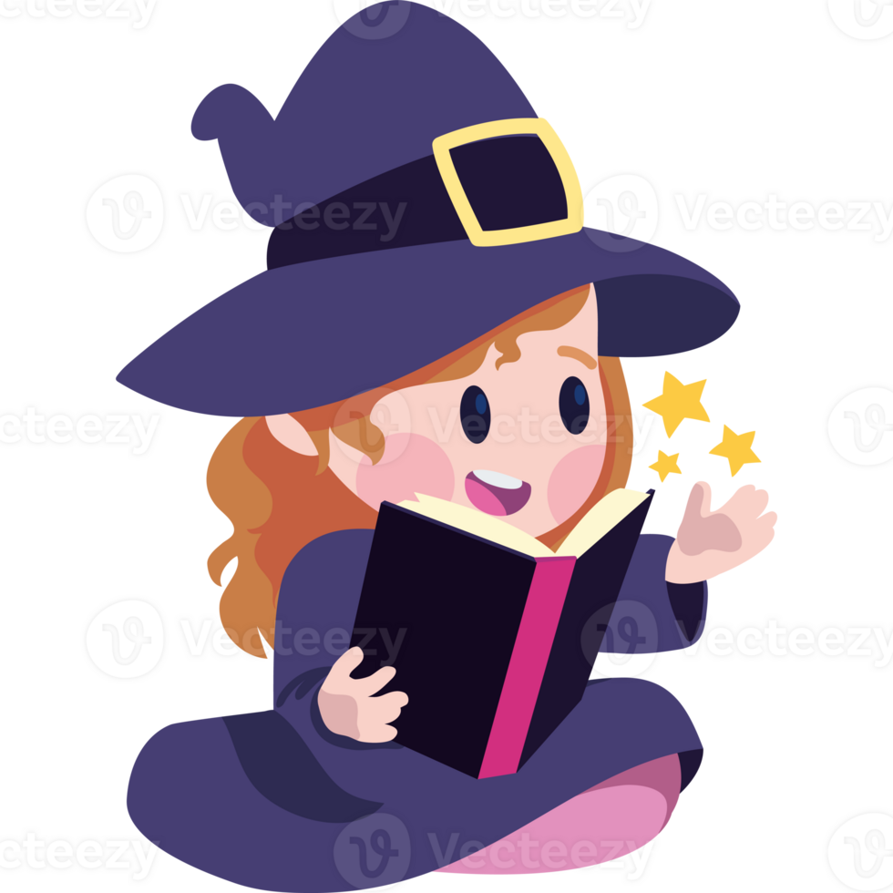 A cartoon witch reading a book png