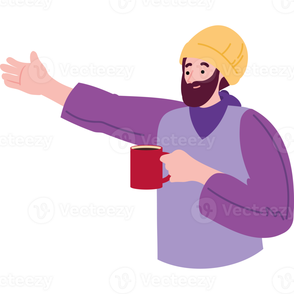 A cartoon man with a beard and a cup of coffee png