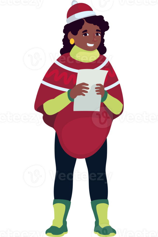 A cartoon woman in a red and green poncho holding a piece of paper png
