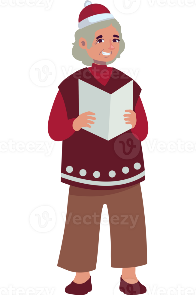An elderly woman in a santa hat is reading a book png