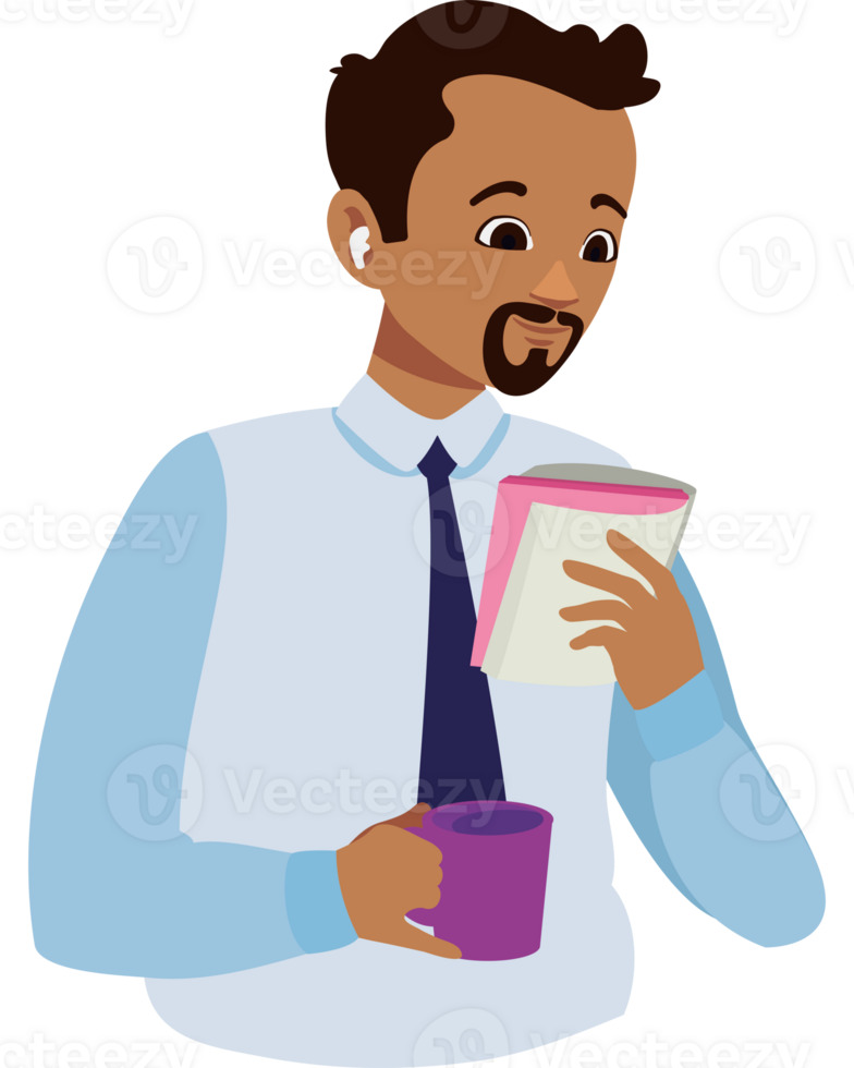 A man in a tie holding a book and a cup png