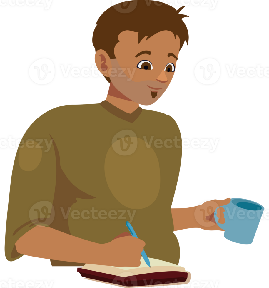 A man writing and holding a cup of coffee png