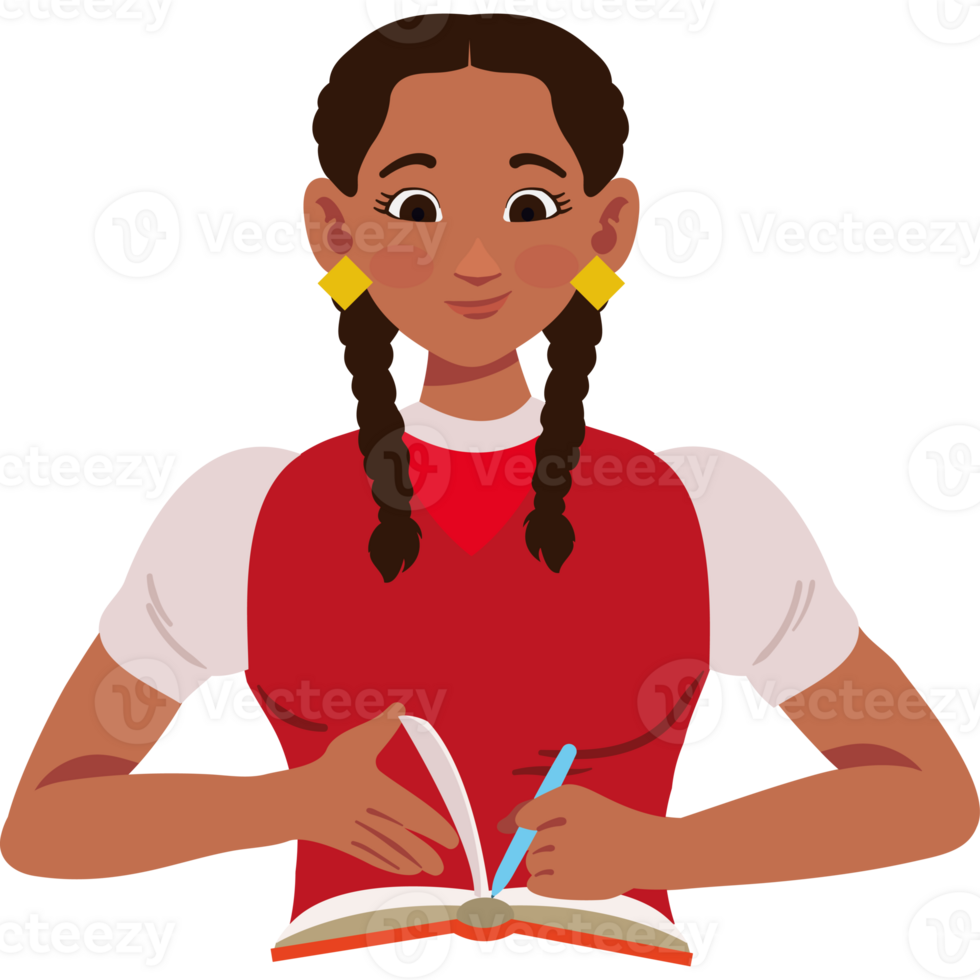 A girl with braids is writing in a book png