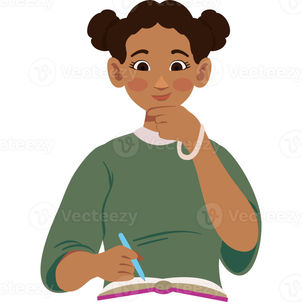 An illustration of a girl writing in a notebook png