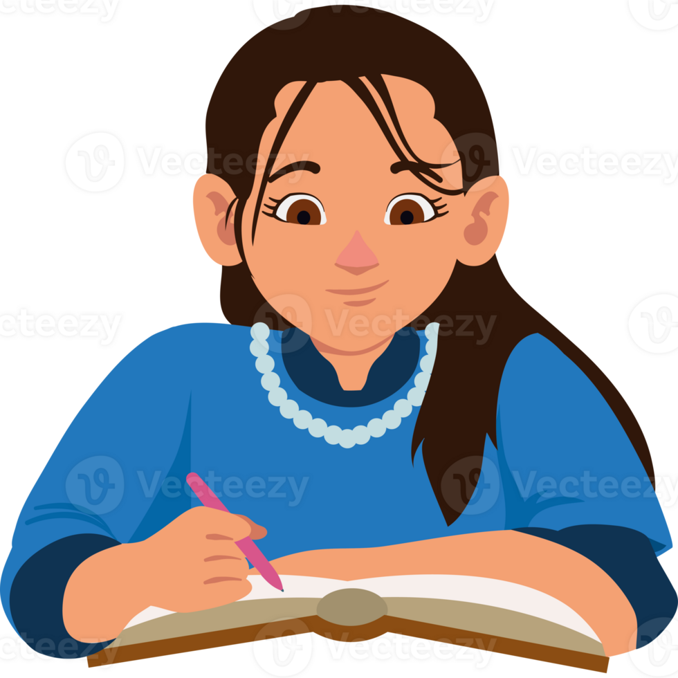 A girl is writing in a book and smiling png