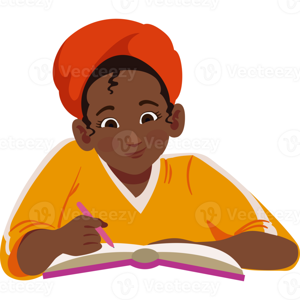 An illustration of a girl with an orange headband and a book png