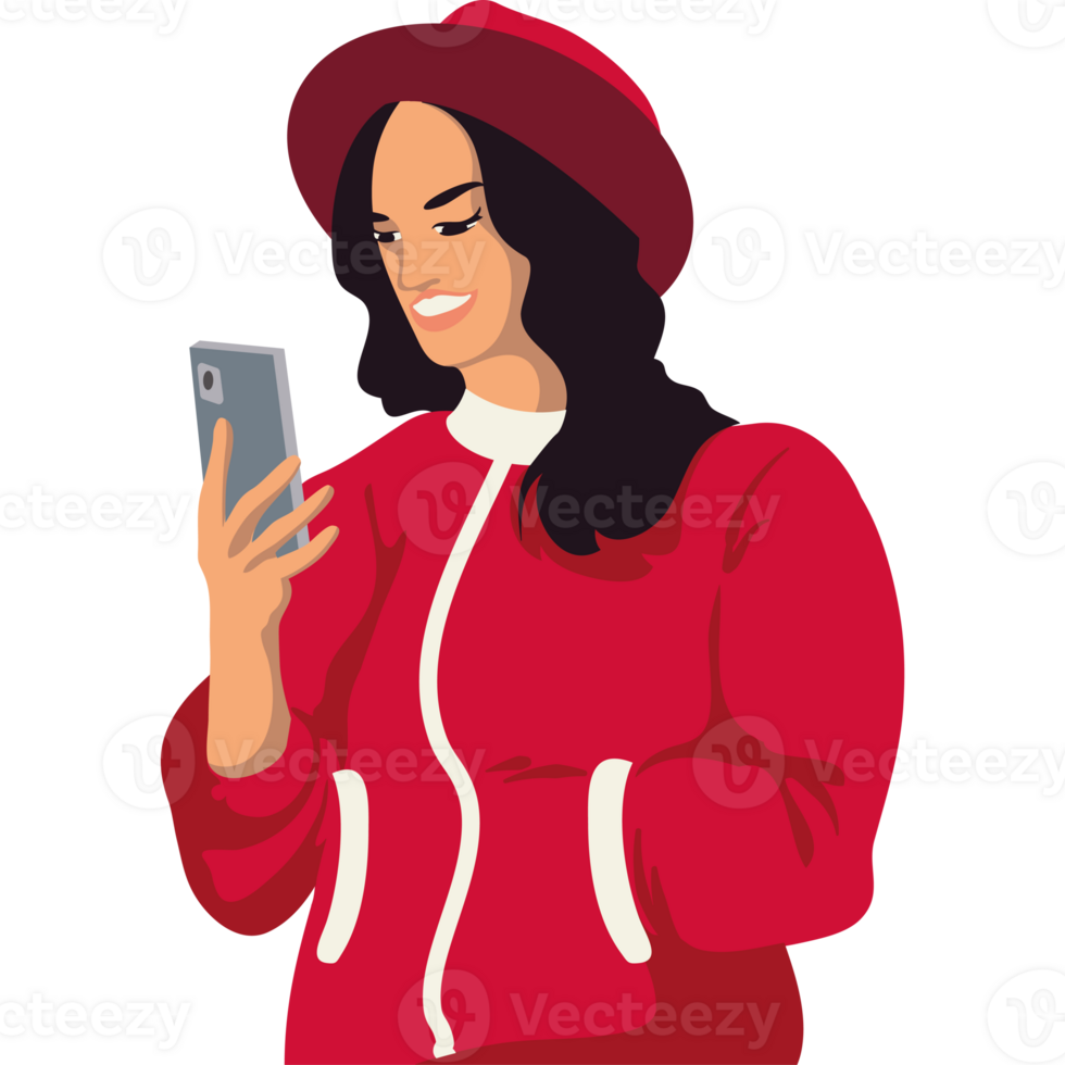 A woman in a red jacket and hat is using her phone png