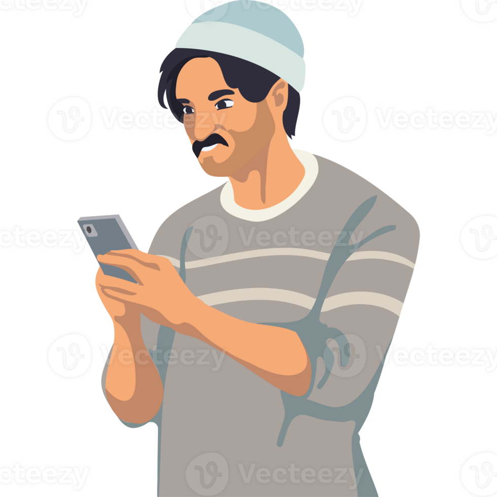 A man in a beanie is texting on his phone png