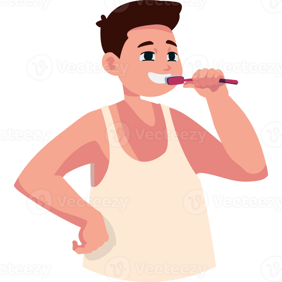 A man brushing his teeth with a pink toothbrush png