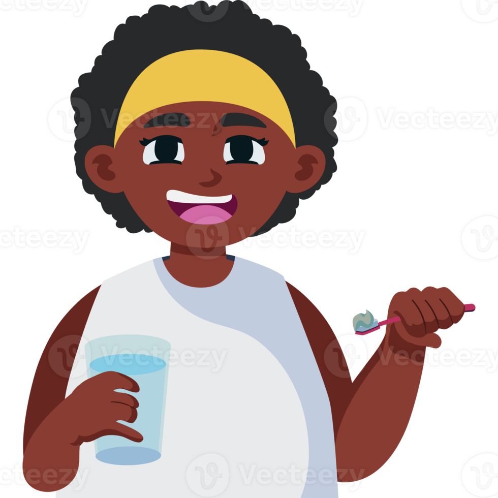 An animated black girl holding a toothbrush and drinking water png
