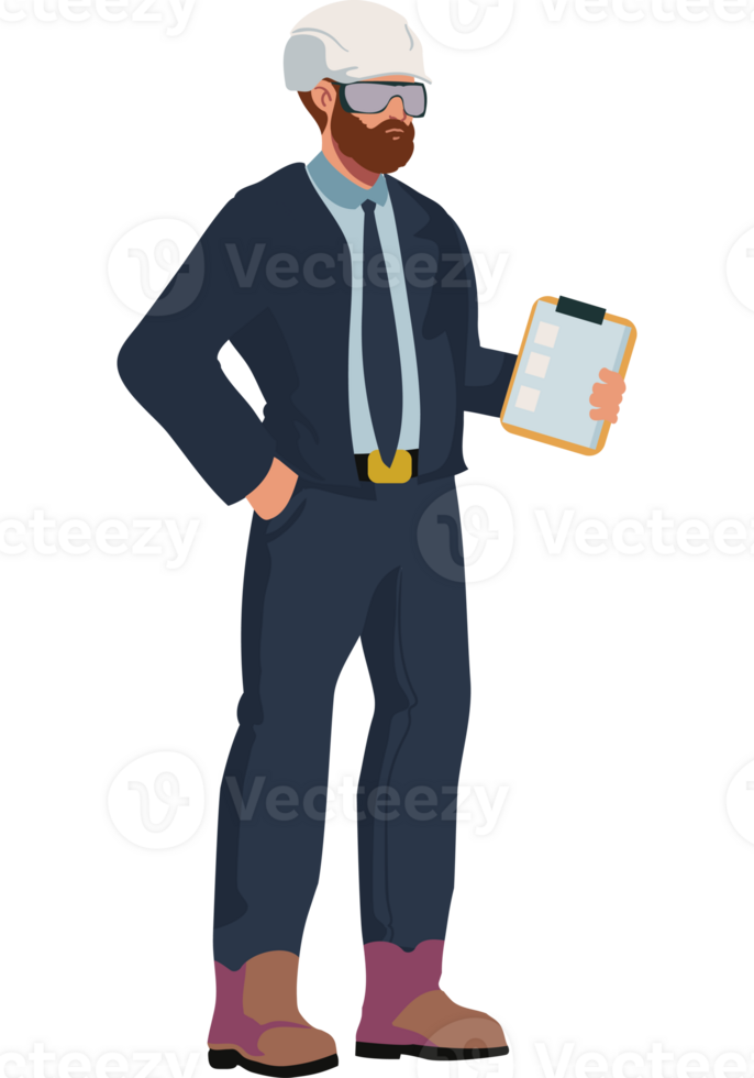 A man in a hard hat and glasses holding a clipboard png