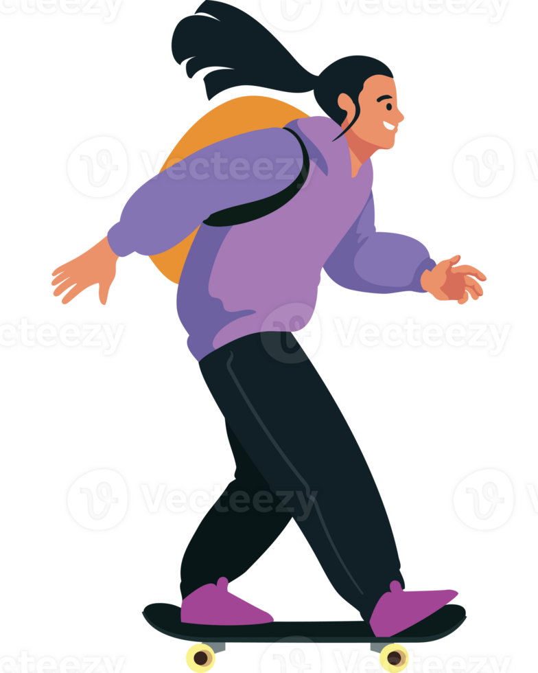 A girl is riding a skateboard with a backpack png