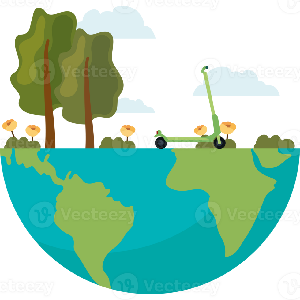 A cartoon of a green earth with trees and a man on a scooter png