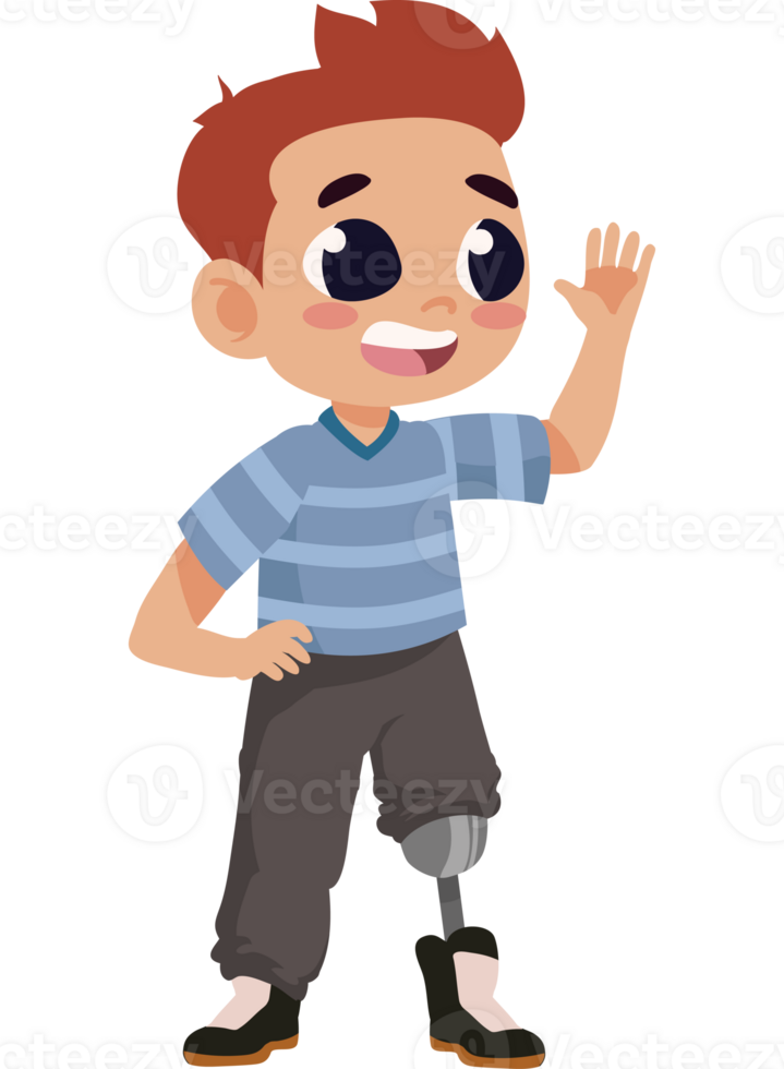 A cartoon boy with a prosthetic leg waving png