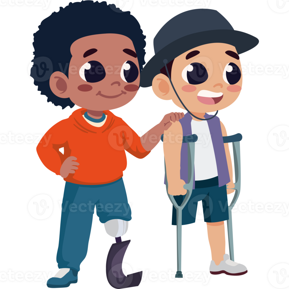 Two boys with crutches and prosthetic legs png