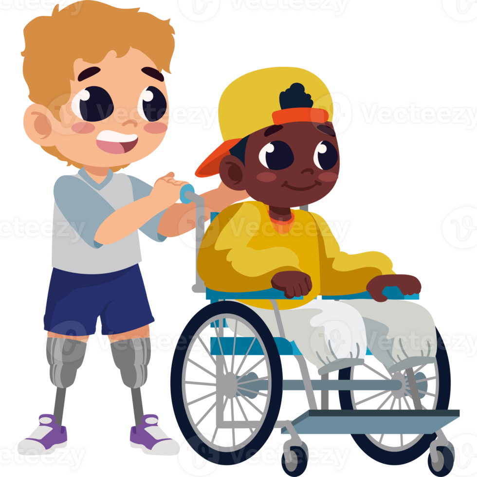 A boy in a wheelchair is being helped by another boy png