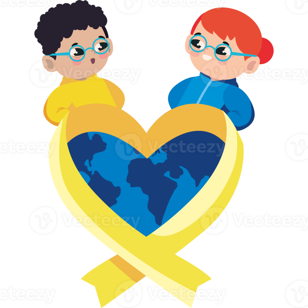 Two children holding a heart with a yellow ribbon png