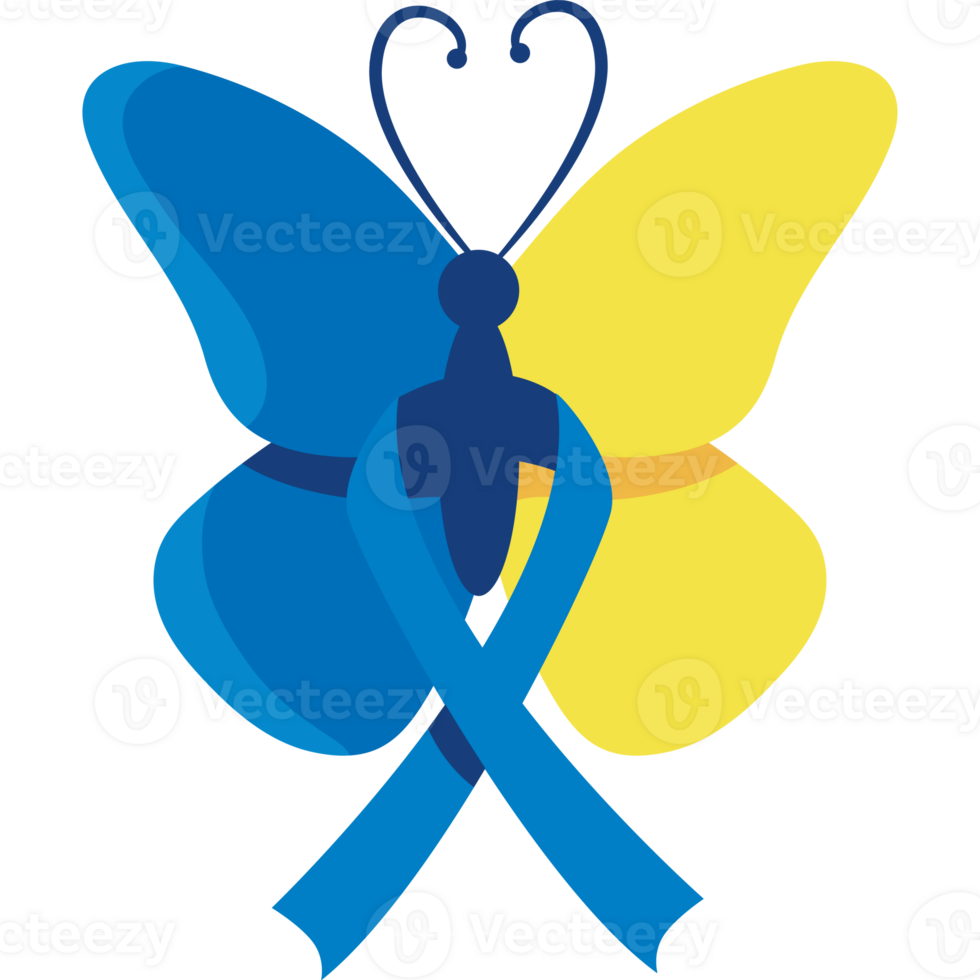 Butterfly with blue ribbon and yellow ribbon png