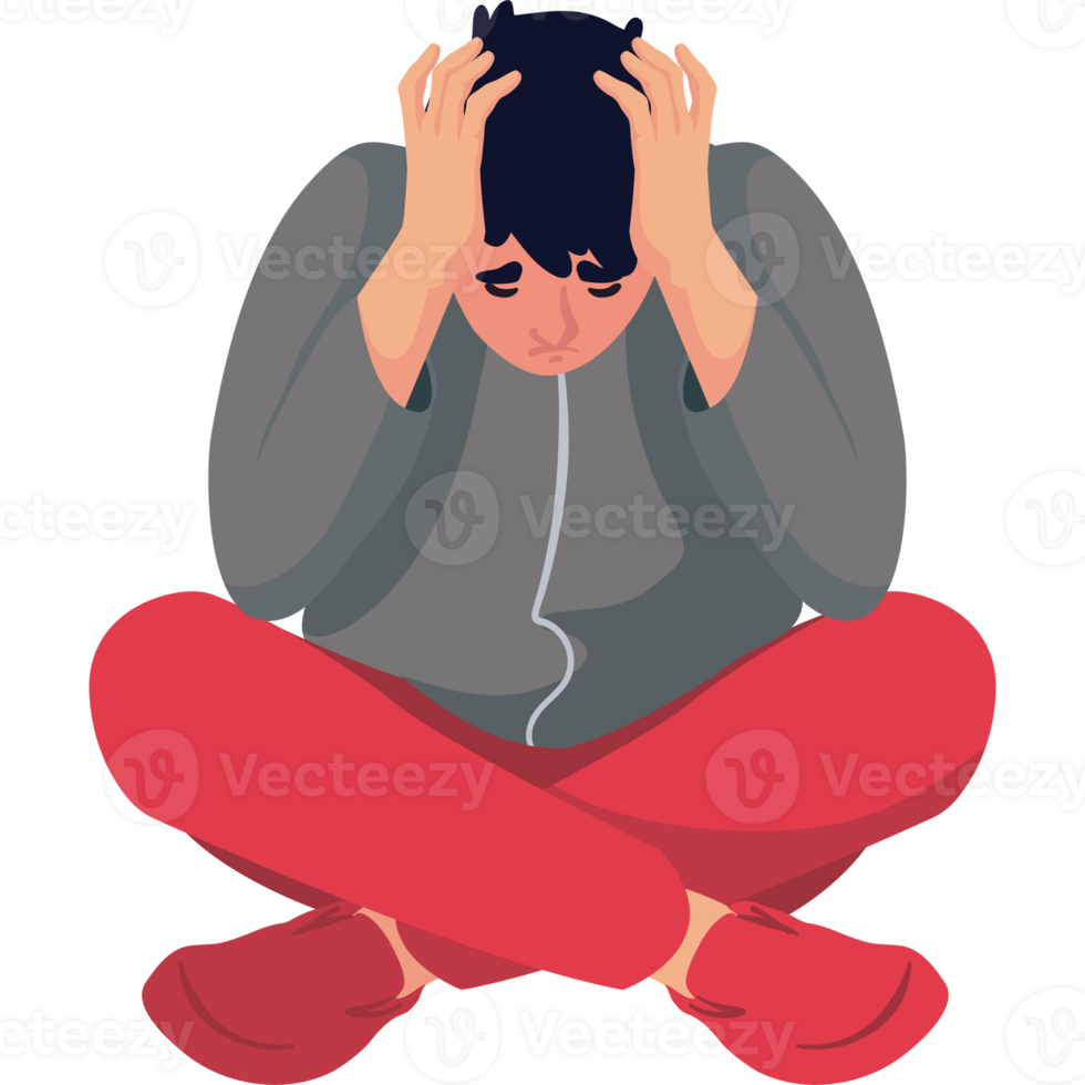 A person sitting on the floor with their head in their hands png