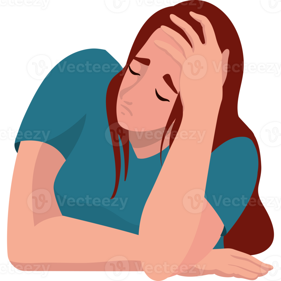 A woman is laying down with her head in her hands png