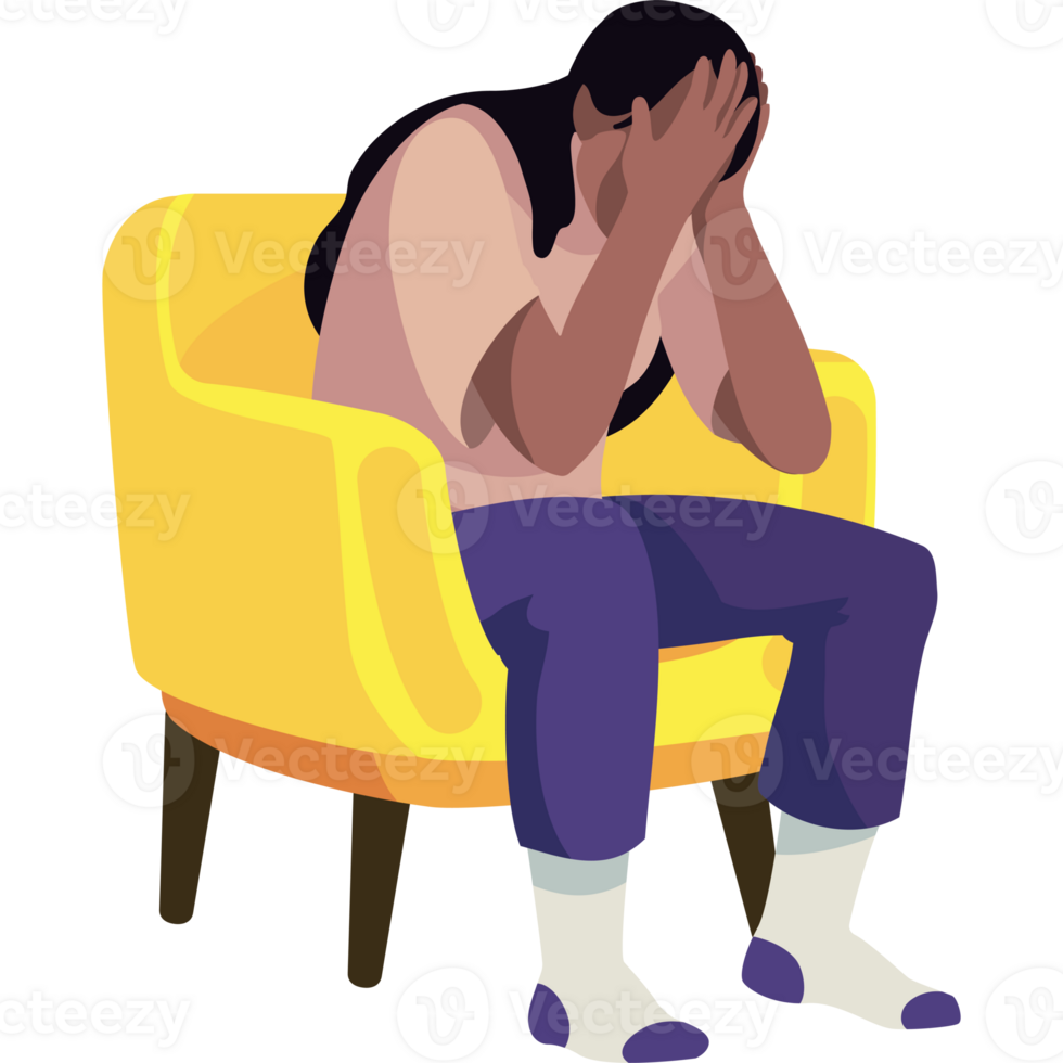 A person sitting in a chair with their head in their hands png