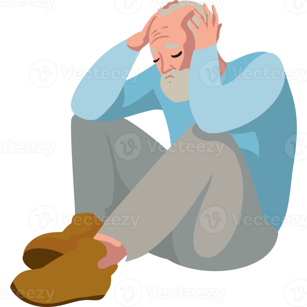 An old man sitting on the floor with his head in his hands png