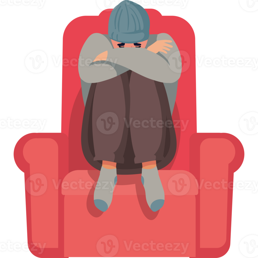 A person sitting in a chair with their head down png