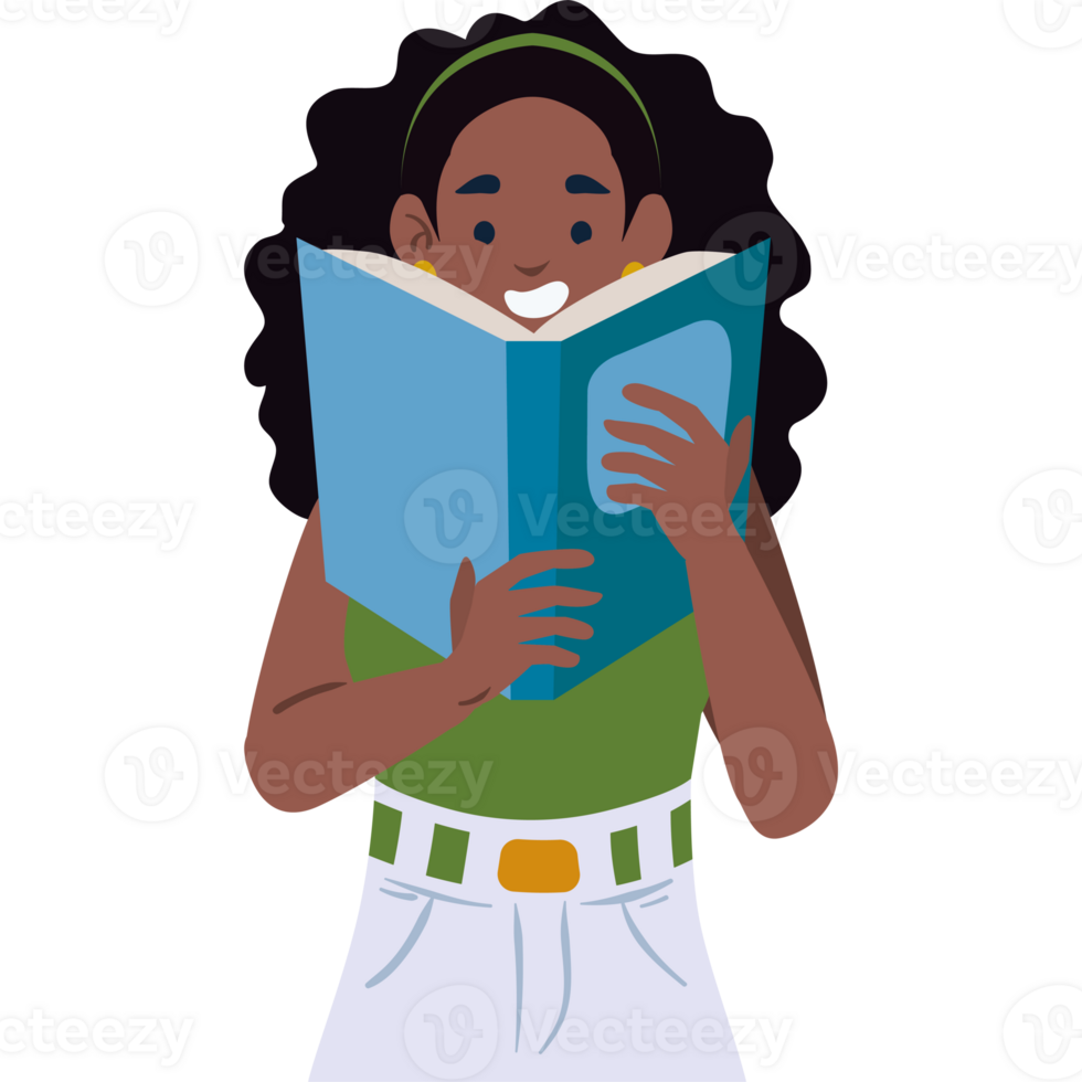 An illustration of a girl reading a book png