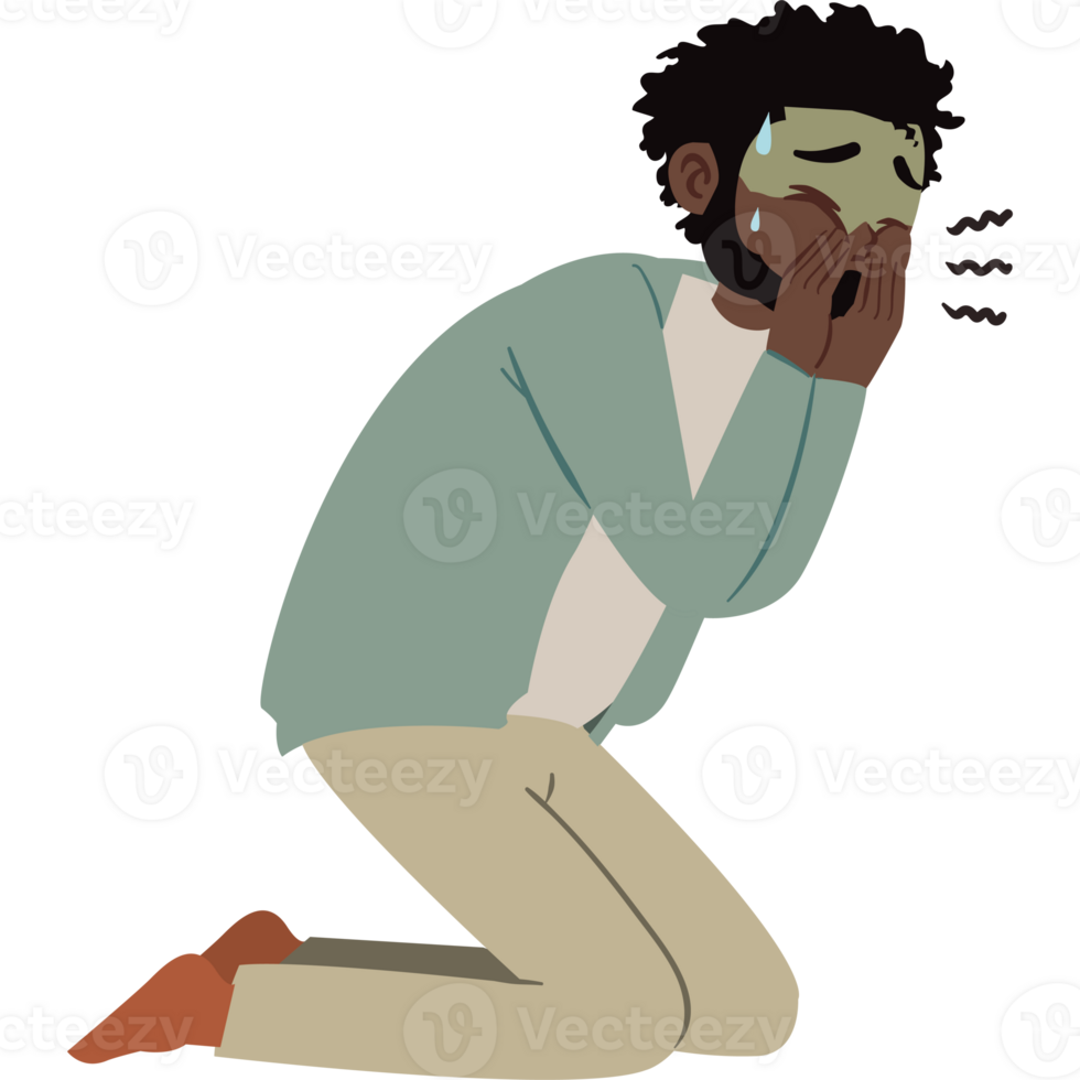 A man is kneeling down with his hands on his face png