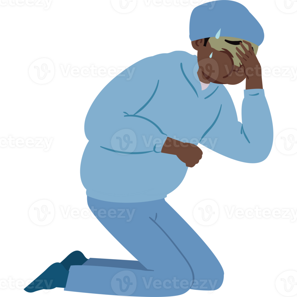 A cartoon man is kneeling down with his head in his hands png