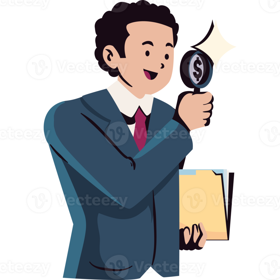 A cartoon man in a suit holding a magnifying glass png
