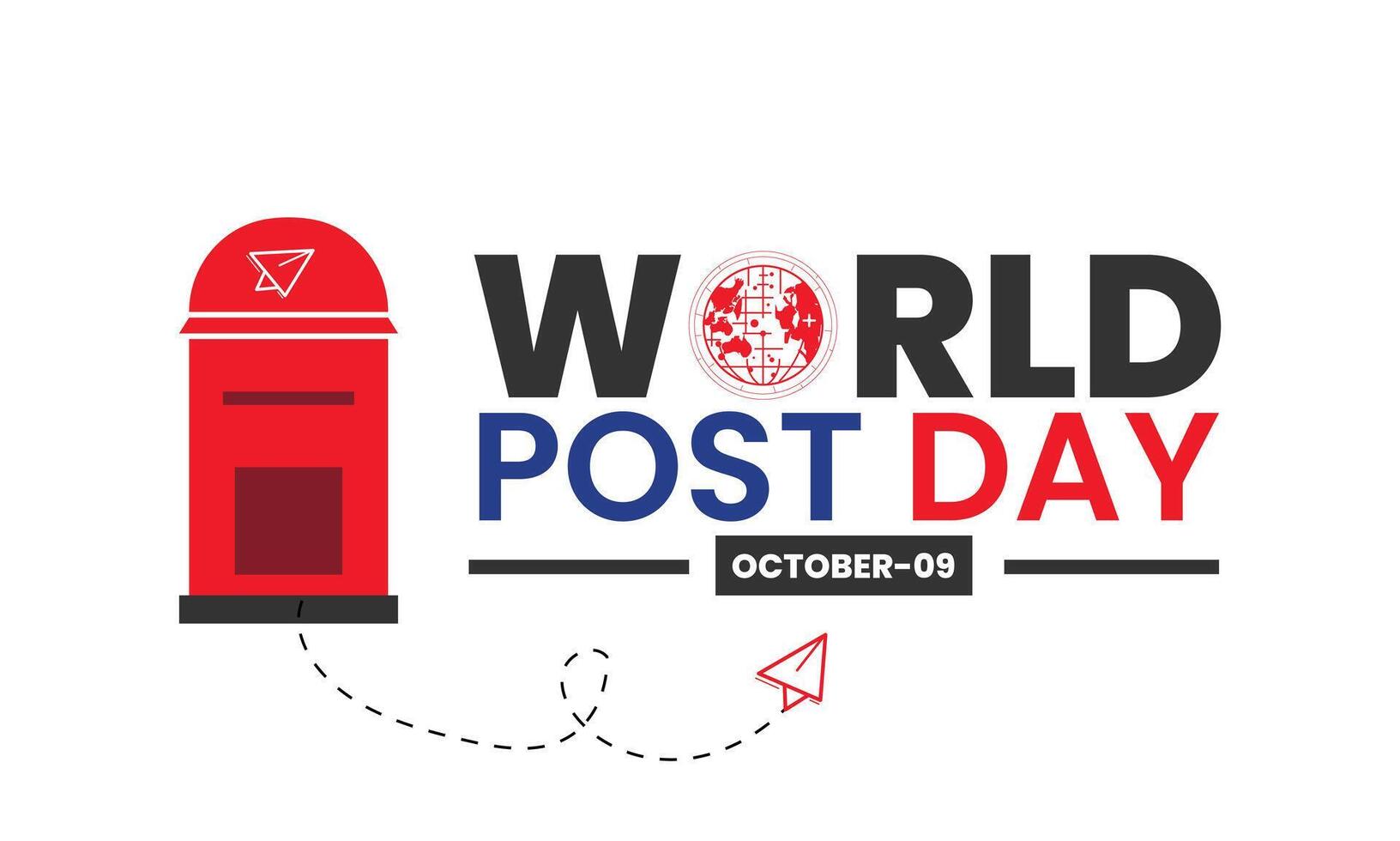 World post day background with paper plane postcard and world map. International post day backdrop with post box mail box design October 9 Template for background, banner, card, poster. i vector